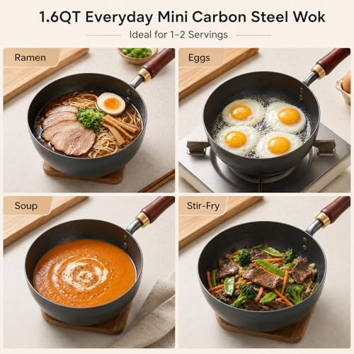 7.8-Inch Small Carbon Steel Wok with Wooden Lid, 1.6QT