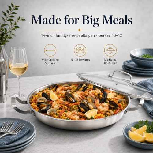 Yeksum Tri-Ply Stainless Steel Paella Pan, 14.5 inch Large Skillet,12