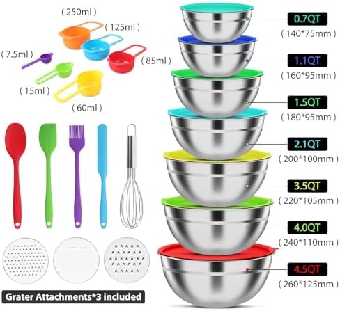 Stainless Steel Mixing Bowls Set with Lids & 3 Grater Attachments