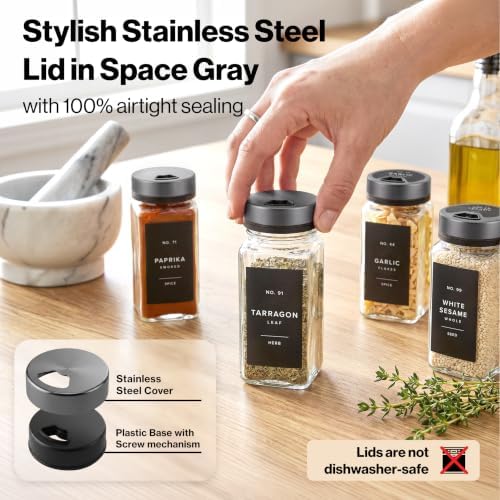 EDELHAUS Glass Spice Jars with Label, Space Gray Sprinkle Lids