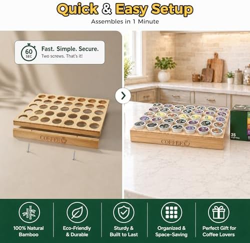 MinBoo BamBoo k cup holder Drawer or Countertop k cup Organizer Coffee Pod Holder Hold 35 Coffee Pod Storage Kcup coffee pods holder for coffee station Office and Kitchen k cup storage