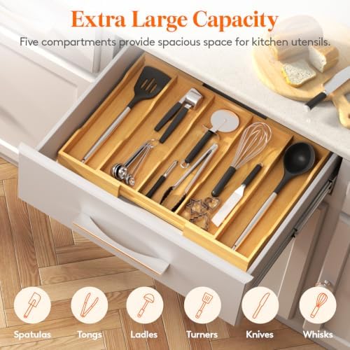 Lifewit Bamboo Utensil Organizer for Kitchen Drawer, Cooking Utensil