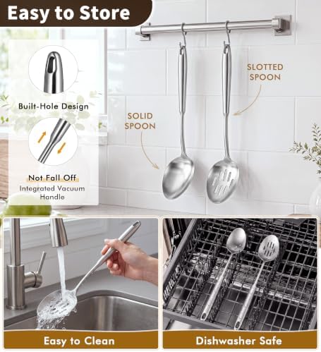 2 Pcs Stainless Steel Cooking Spoons Set, 304 Solid & Slotted Metal