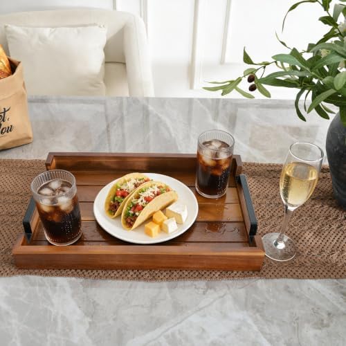 17" x 11" x 2" Acacia Wood Serving Tray with Black Iron Handle