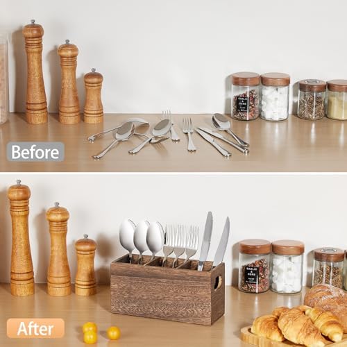 Wooden Utensil Holder Organizer for countertop, 3 Compartment Cutlery Caddy