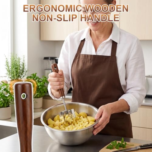 Stainless Steel Meat Chopper, 6 Curve Blades Beef Masher with Wooden