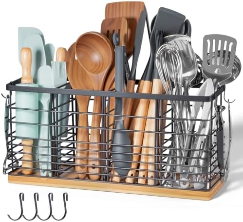 Nigelia 4 Compartments Extra Large Kitchen Utensil Holder with Wooden Base, Metal Organizer for Kitchen Countertop, Matte Black Cooking Utensils Holder with 4 Hooks for Tools Storage