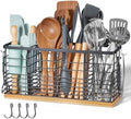 Nigelia 4 Compartments Extra Large Kitchen Utensil Holder with Wooden Base, Metal Organizer for Kitchen Countertop, Matte Black Cooking Utensils Holder with 4 Hooks for Tools Storage