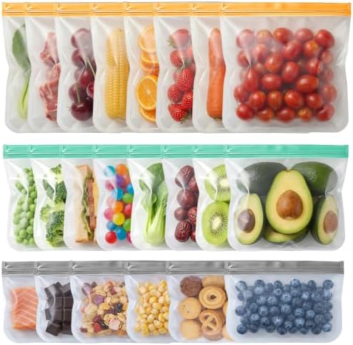 20 Pack Reusable Freezer Bags, Leakproof Reusable Silicone Food