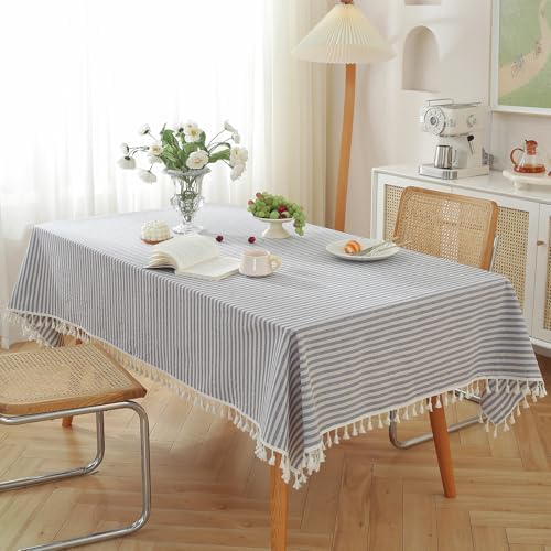 meioro Rectangle Striped Tassels Tablecloth Cotton Blend Stain and