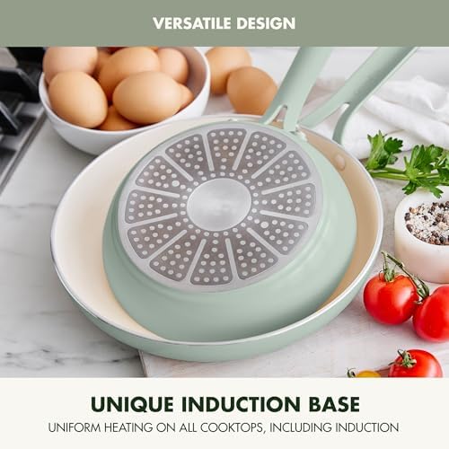 GreenPan Nova 10-Piece Nonstick Cookware Set, PFAS-Free Ceramic Pots & Pans with Silicone Cooking Utensils, Durable Fast Heating, Induction Ready, Oven Safe to 600°F, Dishwasher Safe, Pistachio Green