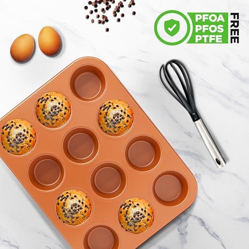 NutriChef 12-cup Copper Oven Muffin Pan, Non-Stick Coated Layer