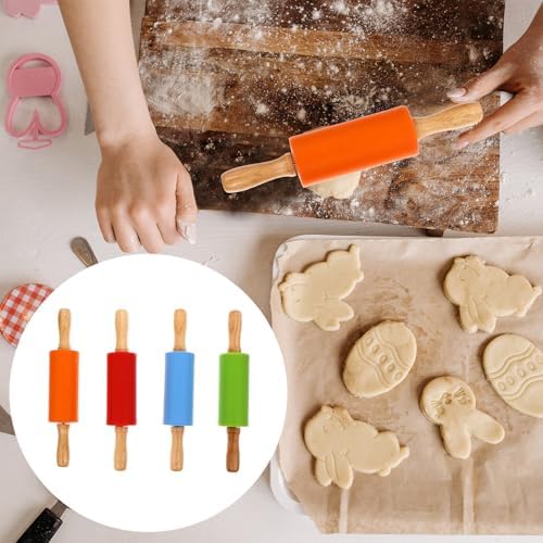 4pcs Mini Silicone Baking Rolling Pin Wood Handle