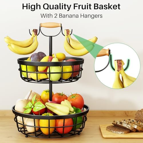 SAYZH 2 Tier Large Fruit Basket for Kitchen Counter with 2 Banana Hangers