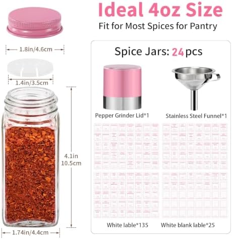FavorFlavor 24pcs 4oz Glass Spice Jars with Labels & Pink Lids for