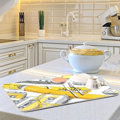 OTVEE Nostalgic Cassette Artwork Dish Drying Mat for Kitchen Counter