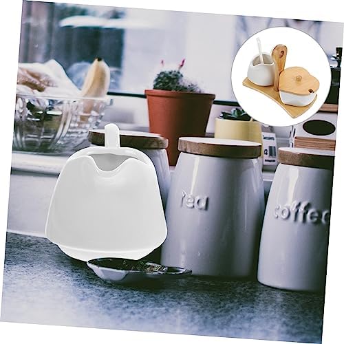 Ceramic Sugar Bowl and Cream Pitcher Set with Bamboo Tray Spoon