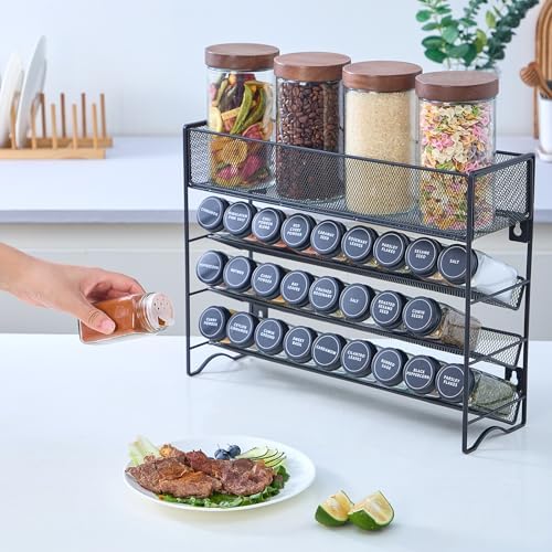 Spice Rack Organizer with 27 Spice Jars with Black Lids