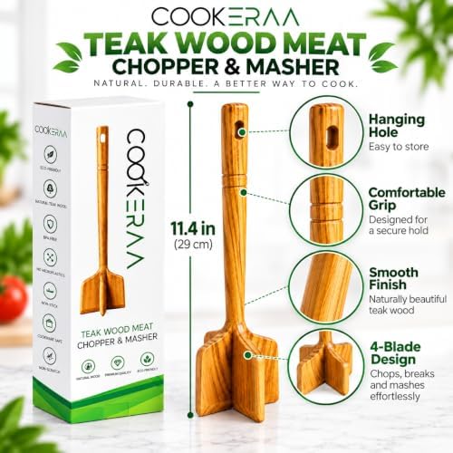 Teak Wood Meat Masher, Ground Beef Chopper & Chicken Shredder Tool