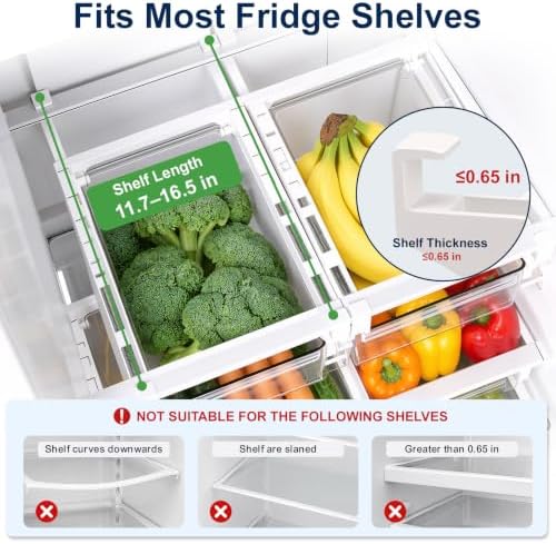 Fridge Drawer Organizer Pull-Out Under Shelf Bin, Adjustable Dividers