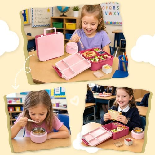 Kids Lunch Box 4 Compartment Bento with 8oz Food Jar,Pink