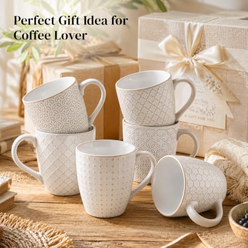 DOWAN Coffee Mugs Set of 6, 19 oz Large Mug, Ceramic Embossment