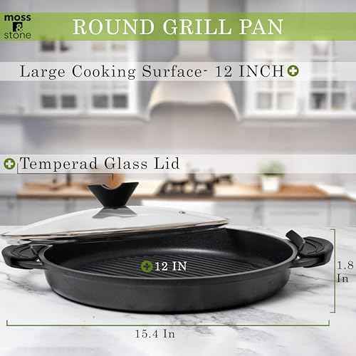 Moss & Stone 12" Grill Pan for Indoor Cooking, Nonstick Pan with Glass Lid