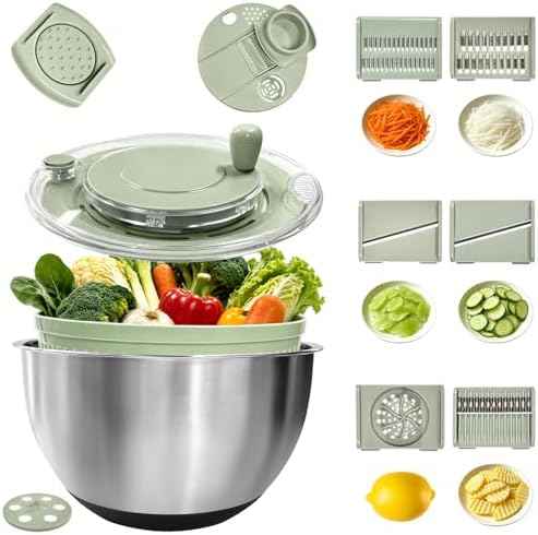 Stainless Steel Salad Spinner Large with 5 Blades Slicer, Vegetable Dryer, Non-Slip Base, Stop Button, Vegetable Fruits Chopper Bowl 5L Capacity with Egg Yolk Strainer