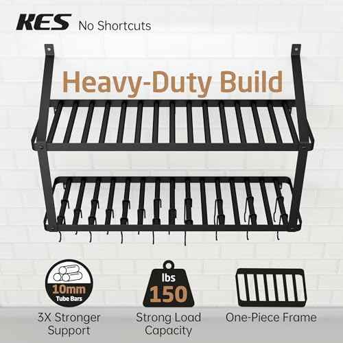KES 150 lb High-Capacity Pot Rack Wall Mounted with Pot Lid Holder, 34 Inch Heavy-Duty Pots and Pans Hanging Rack with 20 Hooks, Drilling Template Provided for Easy Install, Matte Black, KUR528S88-BK