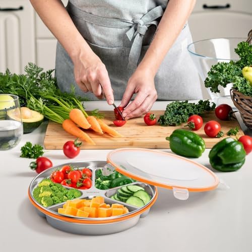 Youeon 2 Pack Stainless Steel Divided Serving Tray with Lid, 5