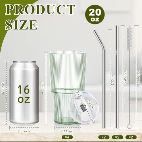 4 Pcs 20oz Plastic Ribbed Tumblers with Lid and Straws Green Plastic