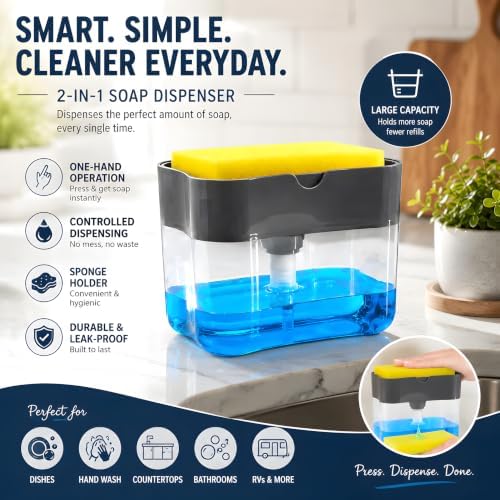 Countertop Kitchen Dish Soap Dispenser and Sponge Holder, 13 Ounces