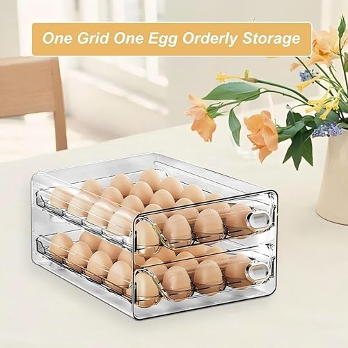 60-Eggs Holder for Fridge, 2 Tier Clear Stackable Egg Container for