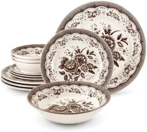 Tudor England 12-Piece Porcelain Dinnerware Set for 4, Victoria Brown