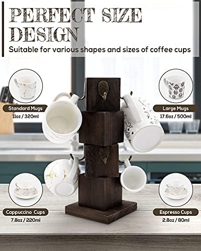 PUERSI Coffee Mug Holder for Counter, Rustic Solid Wood Mug Tree