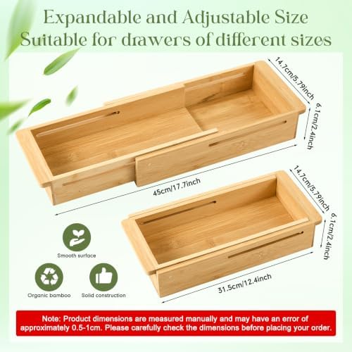LemonRoad Bamboo Sliding Drawer Organizer, 12.4-17.7 Inch
