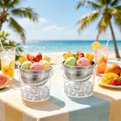 6 Pack 34 oz Chilled Dip Bowl and 68 oz Ice Bowl Base with Handle, Stainless Steel Ice Chilled Serving Dish Iced Salad Bowl Set for Chilled Pasta Salads Dips Potato Dressing BBQ Party Favor