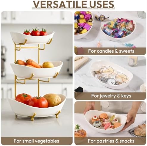 3 Tier Fruit Bowl for Kitchen Counter (PLUS edition) - Large Ceramic Fruit Basket with Metal Stand for Kitchen Countertop, Tiered Fruit Stand for Vegetable Storage, Cake, Snack, Dessert, Nuts