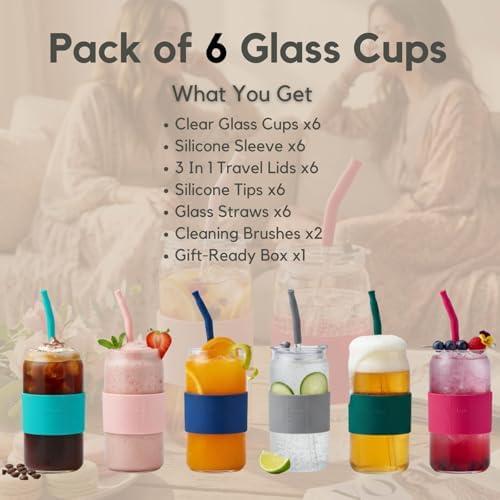 ColoVie Glass Cups with Lids and Straws, Iced Coffee Cup, Drinking