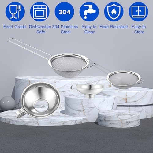 Stainless Steel Funnels with Fine Mesh Strainer - 4 Pack Canning