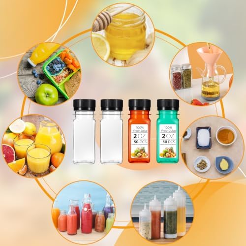 50 Pcs 2oz Plastic Juice Bottles with Caps, 2oz Plastic Juice Bottles
