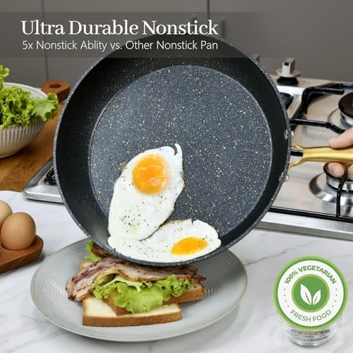 Nonstick Frying Pan Set with Silicone Glass Lids, 2-Piece 9.5inch 11inch Non Stick Granite Skillets with Hot Handle,Chef's Pan,Cooking Pan,Oven Safe Pots, Gas Induction Compatible