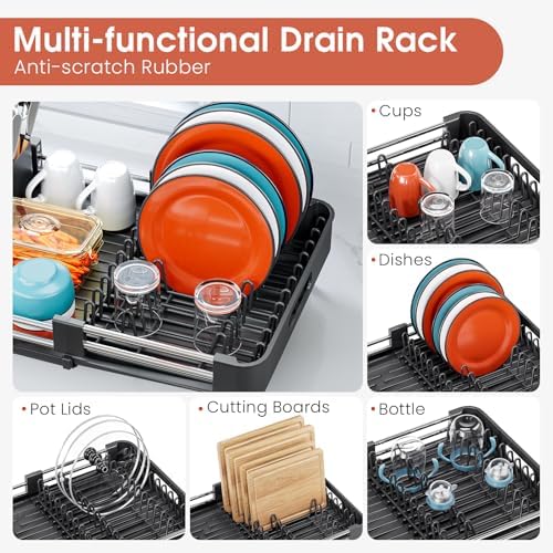 TOOLF Expandable Dish Drying Rack, Standard, Black