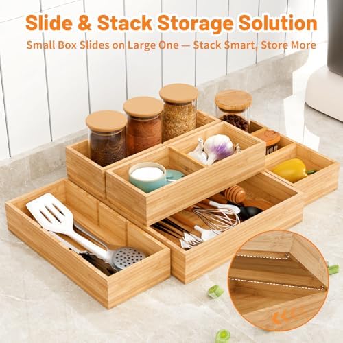 Bamboo Drawer Organizer, 5-Piece Stackable Trays with Removable