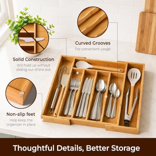Expandable Bamboo Kitchen Drawer Organizer, Natural