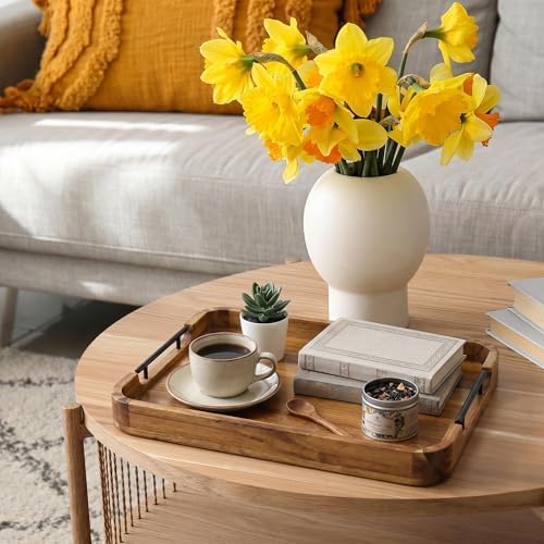 ZUJJAFY Serving Tray with Metal Handles, 17 x 13 in Acacia Wood Tray