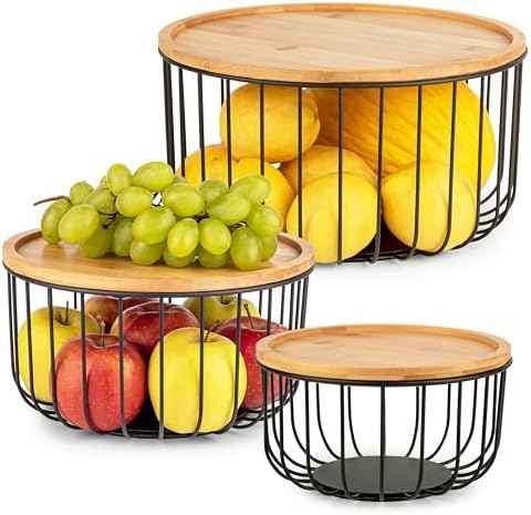 Fruit Basket for Kitchen Counter Set of 3 - Large Stackable Baskets with Bamboo Lid - Fruit Bowl, Perfect Holder For Fruits and Vegetable Storage -Keep Your Countertop Classy, Tidy and Slightly Fruity
