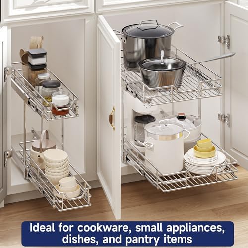 2-Tier Pull Out Cabinet Organizer, 13.5" W x 21.5" D, Heavy Duty Dual Slide Out Shelves for Base Cabinets, Chrome Wire Basket Drawer for Pantry, Kitchen & Bathroom Storage