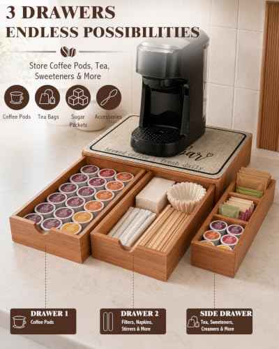 Wooden K Cup Organizer Coffee Pod Storage Box, K Cup Holder with 3 Drawer