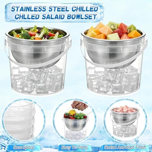 6 Pack 34 oz Chilled Dip Bowl and 68 oz Ice Bowl Base with Handle, Stainless Steel Ice Chilled Serving Dish Iced Salad Bowl Set for Chilled Pasta Salads Dips Potato Dressing BBQ Party Favor